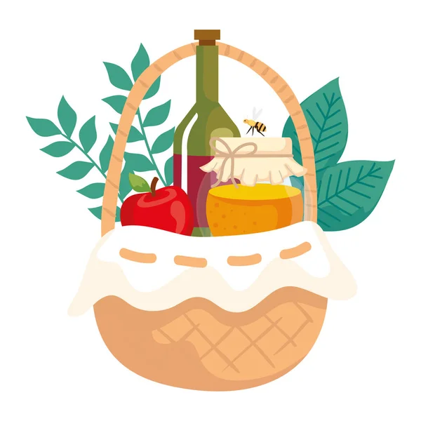 Basket wicker with bottle wine, apple and jar honey — Stock Vector