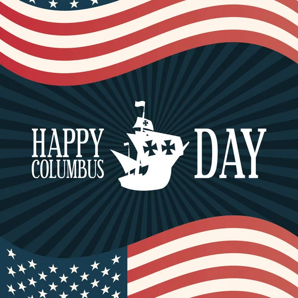 Schiff zwischen Flaggen mit fröhlichem Kolumbus-Tagesvektordesign — Stockvektor