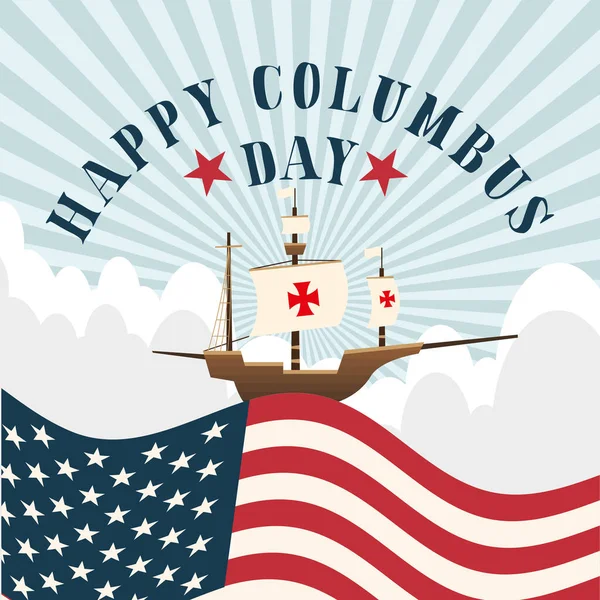 Schip op usa vlag in de voorkant van gestreepte achtergrond van gelukkig columbus dag vector ontwerp — Stockvector