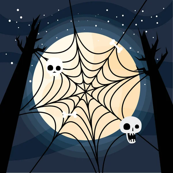 Ağaçların vektör tasarımında kafatasları olan Cadılar Bayramı örümcek ağı — Stok Vektör