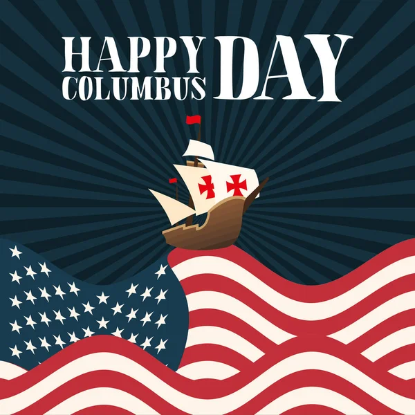 Ship on usa flag in front of striped background of happy columbus day vector design — Stock Vector