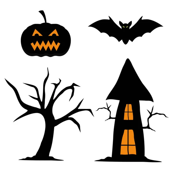 Halloween abóbora morcego árvore e casa vetor design — Vetor de Stock