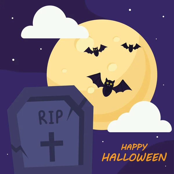 Felice Halloween con tomba e pipistrelli disegno vettoriale — Vettoriale Stock