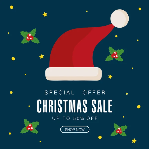 Χριστουγεννιάτικη πώληση με καπέλο και φύλλα vector design — Διανυσματικό Αρχείο