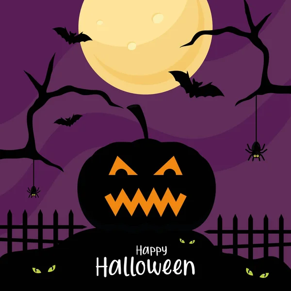 Glad halloween med pumpa tecknad film med träd och fladdermöss vektor design — Stock vektor