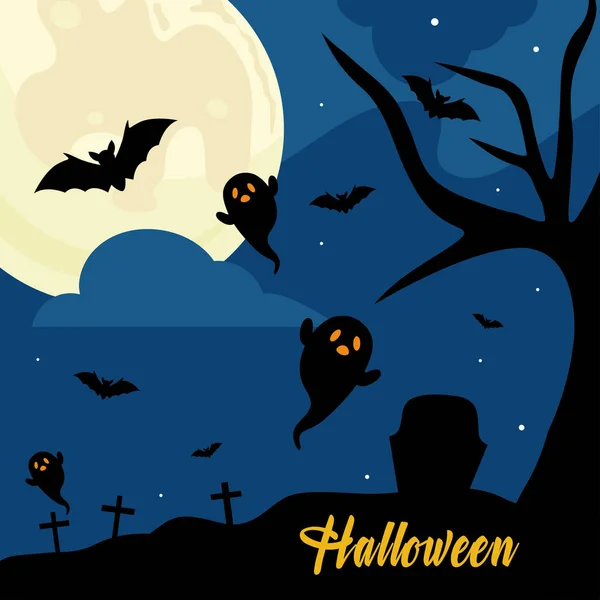 Halloween fantasmi cartoni animati al cimitero progettazione vettoriale — Vettoriale Stock