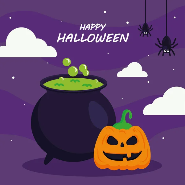 Feliz halloween con dibujos animados de calabaza y diseño de vector de tazón de bruja — Vector de stock