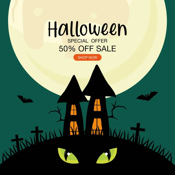 Halloween oferta especial venda com casa e olhos design vetorial — Vetor de Stock