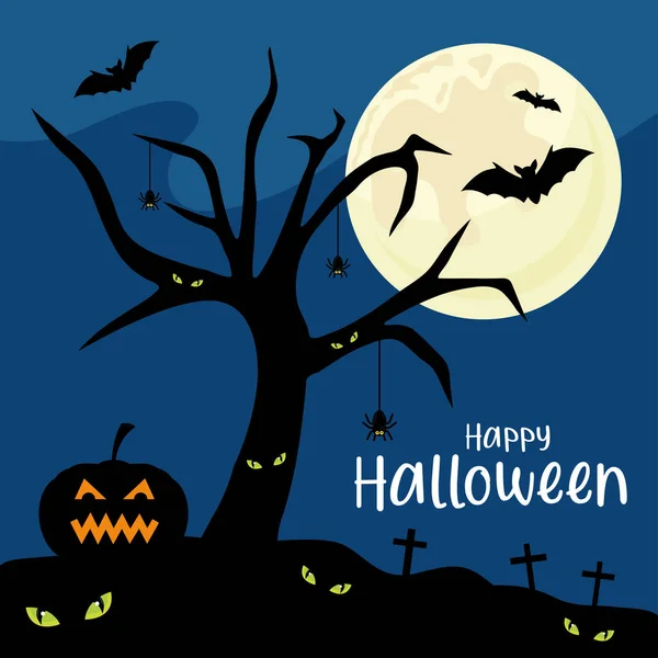 Счастливый Хэллоуин с мультфильмом с елкой и летучими мышами — стоковый вектор