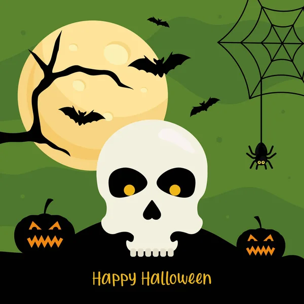Felice Halloween con disegno del vettore del cartone animato del cranio — Vettoriale Stock
