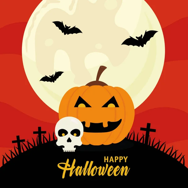 Halloween feliz com abóbora e design de vetor de crânio — Vetor de Stock