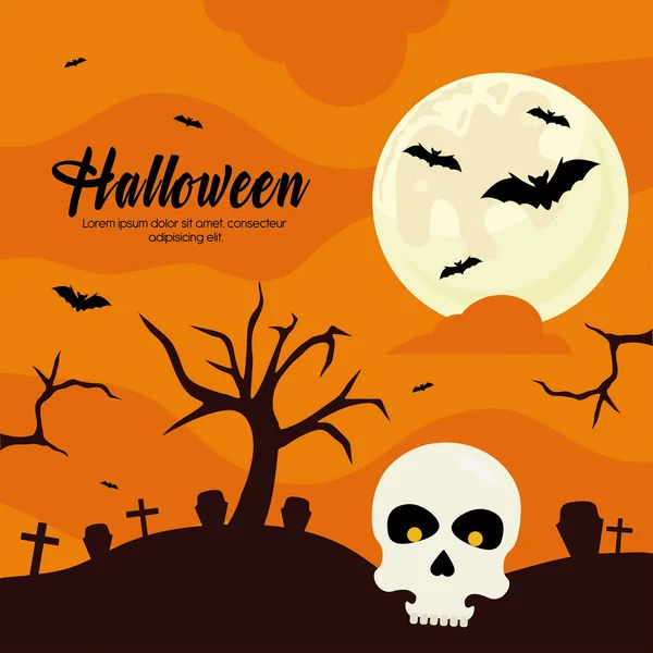 Halloween crânio desenhos animados no desenho do vetor cemitério — Vetor de Stock