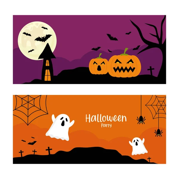 Halloween festa com abóboras e fantasmas desenhos animados design vetorial — Vetor de Stock