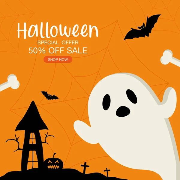 Halloween oferta especial venda com desenho animado fantasma vetor design — Vetor de Stock