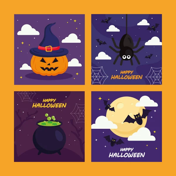 Halloween calabaza araña y murciélago dibujos animados vector de diseño — Vector de stock