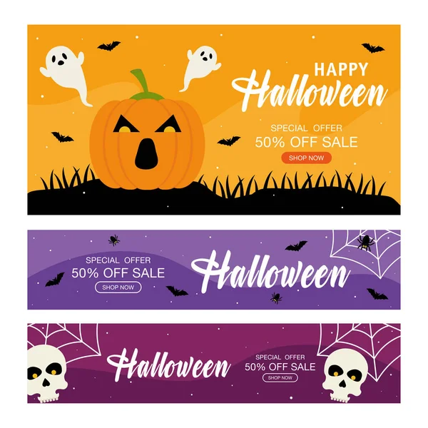 Halloween oferta especial venta con fantasmas calaveras y calabaza vector diseño — Vector de stock