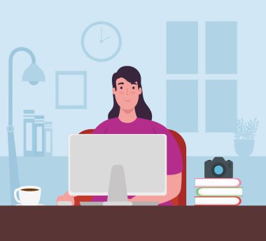Telework, dizüstü bilgisayarı olan genç bir kadın evden çalışıyor.