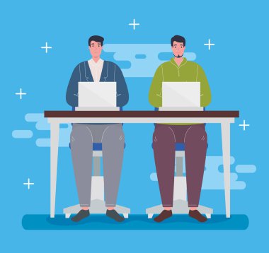 Birlikte çalışma alanı, dizüstü bilgisayarlı gençler, takım çalışması konsepti.