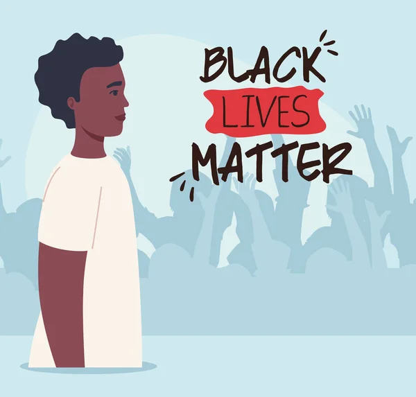 Black lives matter, man african with silhouette of protesting people, stop racism — Stock Vector