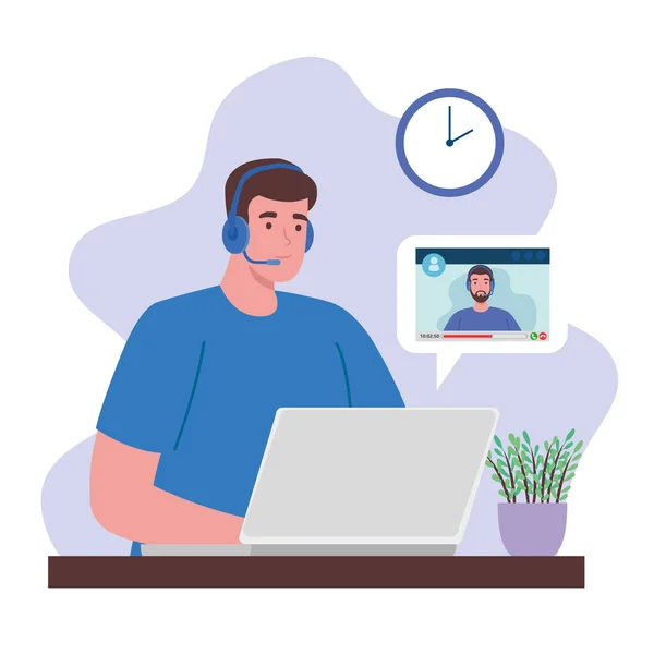 Télétravail, homme travaillant à domicile en vidéoconférence avec travail d'équipe — Image vectorielle