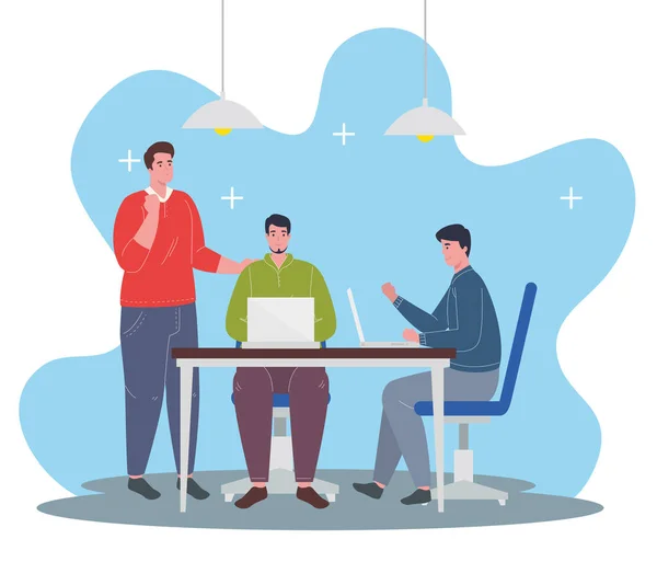 Espaço de coworking, homens jovens com laptops com mesa, conceito de trabalho em equipe — Vetor de Stock
