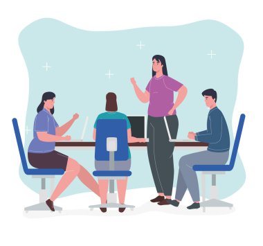 Birlikte çalışma alanı, masasında erkek olan kadınlar, takım çalışması kavramı.