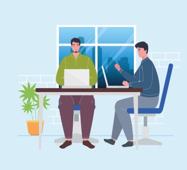 Birlikte çalışma alanı, dizüstü bilgisayarlı adamlar, takım çalışması kavramı.