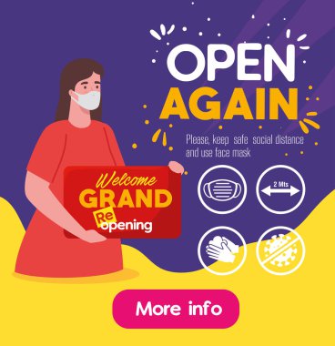 Tekrar açın, kadın yüz maskesi kullanıyor etiketi ile Gand yeniden açılıyor, kural önleyici covid 19