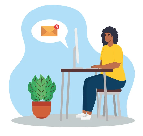 Télétravail, femme afro avec ordinateur au bureau, travail à domicile — Image vectorielle