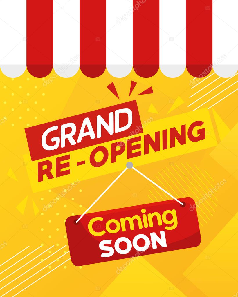 grand reopening banner, with coming soon label and parasol