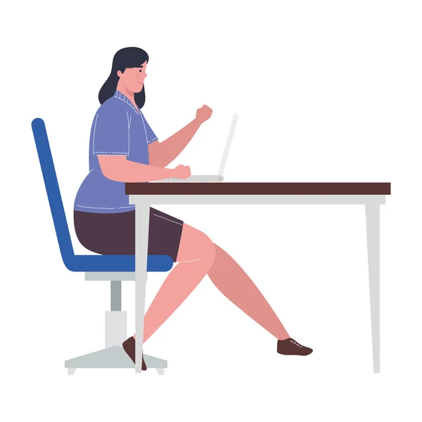 Žena s notebookem na stole pracovní vektorový design — Stockový vektor
