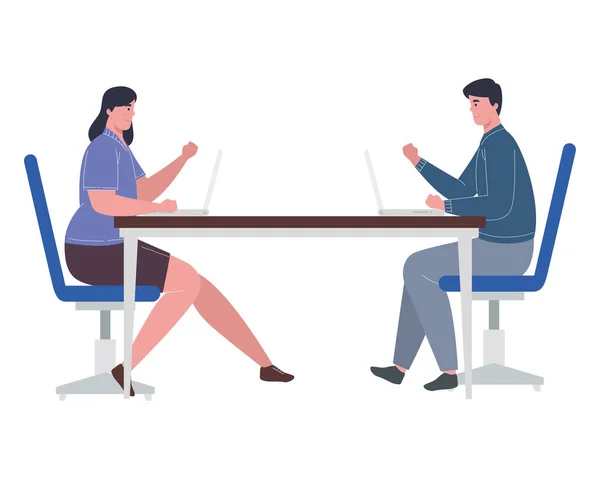 Woman and man with laptops at desk working vector design — Stock Vector