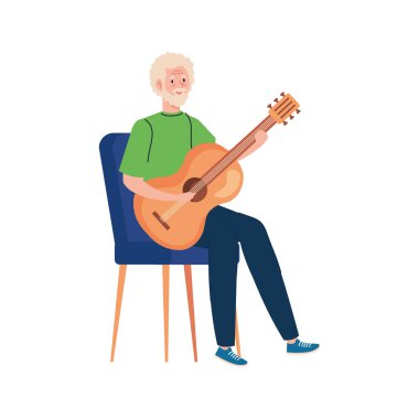 Son sınıf erkek çizgi filmi gitar vektör tasarımı oynuyor.