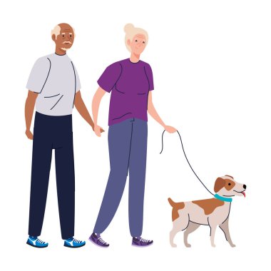 Kıdemli kadın ve erkek karikatürleri köpek tasarımı ile