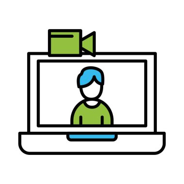 Görüntülü sohbet satırında dizüstü bilgisayardaki adam ve renk biçimi ikon vektör tasarımı