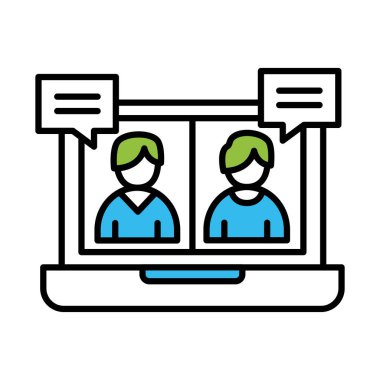 Kabarcık çizgisi ve renk biçimi ikon vektör tasarımı olan dizüstü bilgisayardaki iş arkadaşları