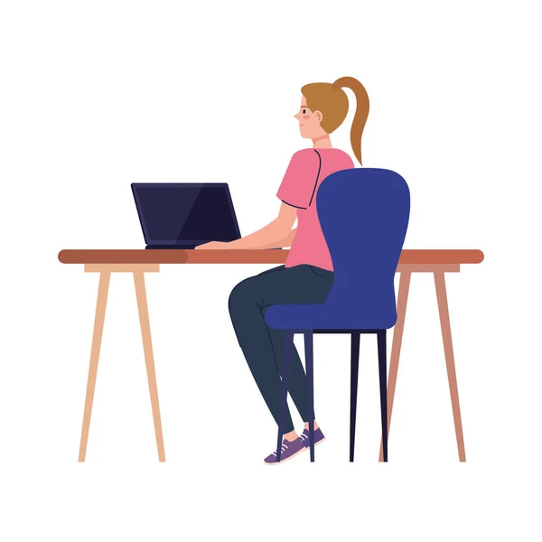 Dibujos animados de la mujer con el ordenador portátil en el diseño de vectores de trabajo — Vector de stock