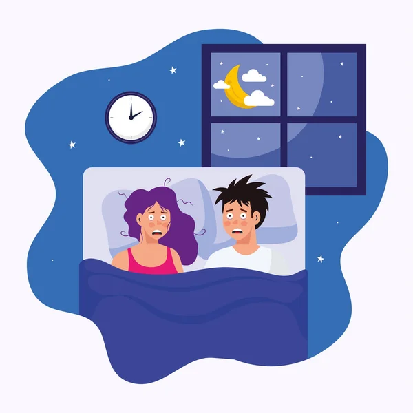 Kvinna och man med sömnlöshet i sängen vektor design — Stock vektor