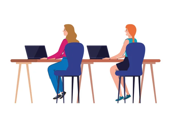 Vrouwen cartoons met laptops op bureau werken vector ontwerp — Stockvector
