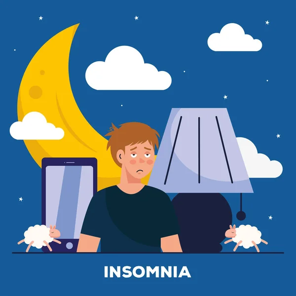 Uomo con insonnia luna e smartphone design vettoriale — Vettoriale Stock