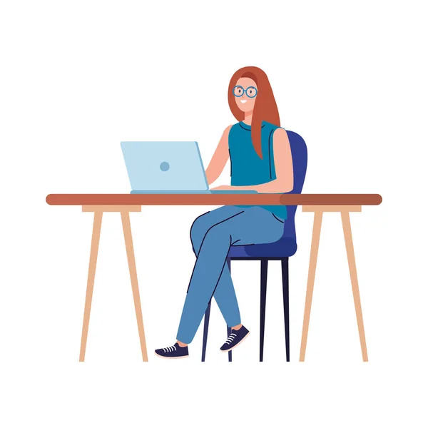 Kreskówka kobieta z laptopem w biurko pracy wektor projektu — Wektor stockowy