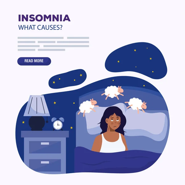 Wanita dengan insomnia dan domba dalam desain vektor tempat tidur - Stok Vektor