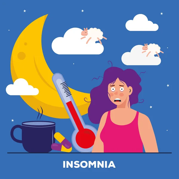 Wanita dengan insomnia bulan termometer dan kopi vektor desain - Stok Vektor