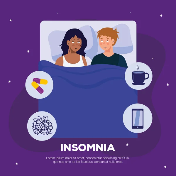 Femme et homme avec insomnie dans la conception vectorielle de lit — Image vectorielle