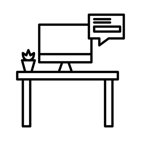 Scrivania ufficio con computer e bolla linea stile icona vettoriale design — Vettoriale Stock