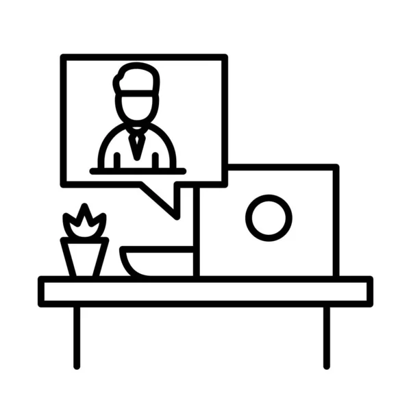 Kancelářský stůl s notebookem a muž ve videochatu bublina styl ikony vektor design — Stockový vektor