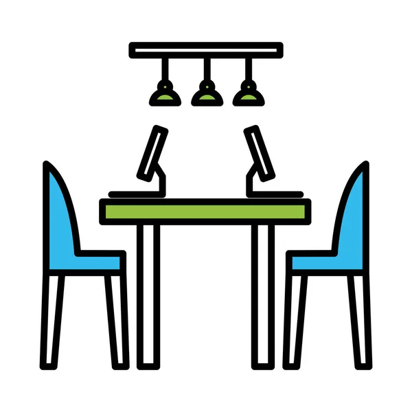 Irodai asztal számítógép vonal és színek stílus ikon vektor tervezés — Stock Vector