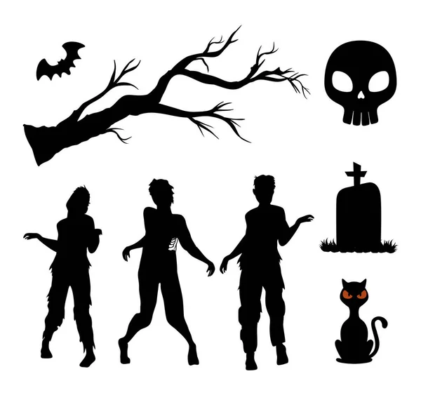 Heureux halloween silhouettes ensemble décoration — Image vectorielle