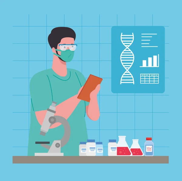 Investigación médica de vacunas coronavirus, doctor en laboratorio para investigación médica de vacunas y microbiología educativa para covid19 — Vector de stock