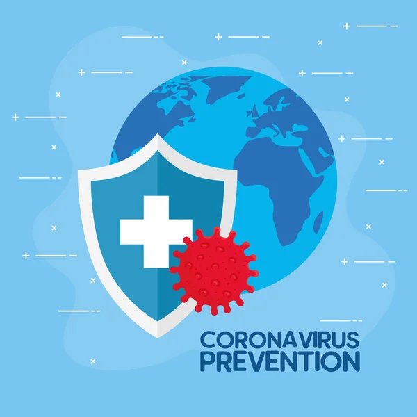 Coronavirus megelőzés, világtérkép pajzsvédelemmel és világbolygóval a háttérben — Stock Vector